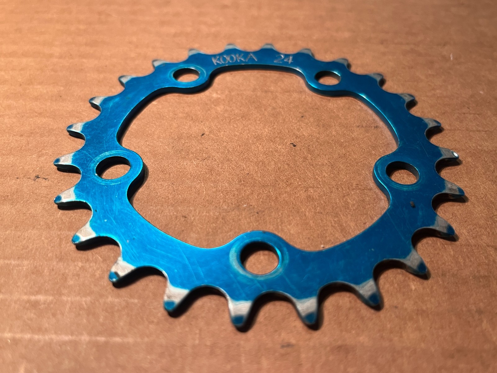 Vintage Kooka 24t chainring, 74mm bcd 5 bolt, turquoise anodized, good shape
