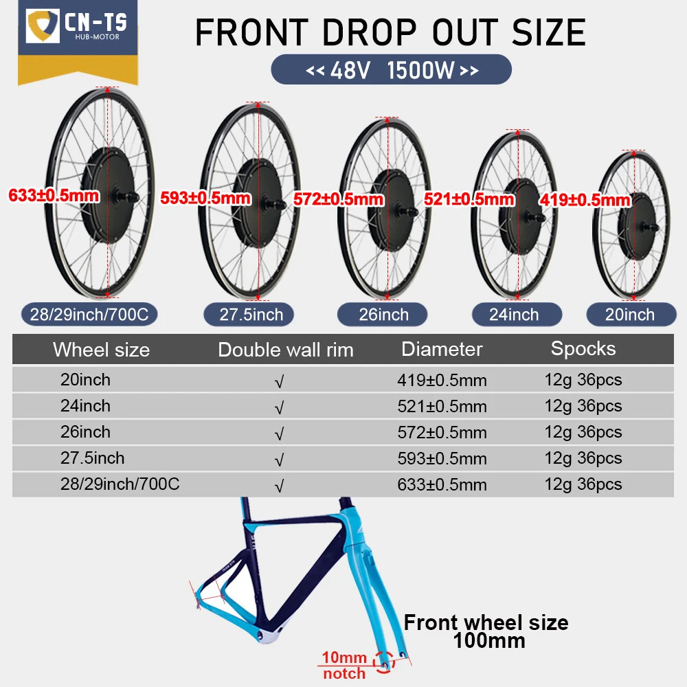 Electric Bicycle 48V 1500W Front Brushless Hub Motor Wheel Kit 20-29 Inch 700C