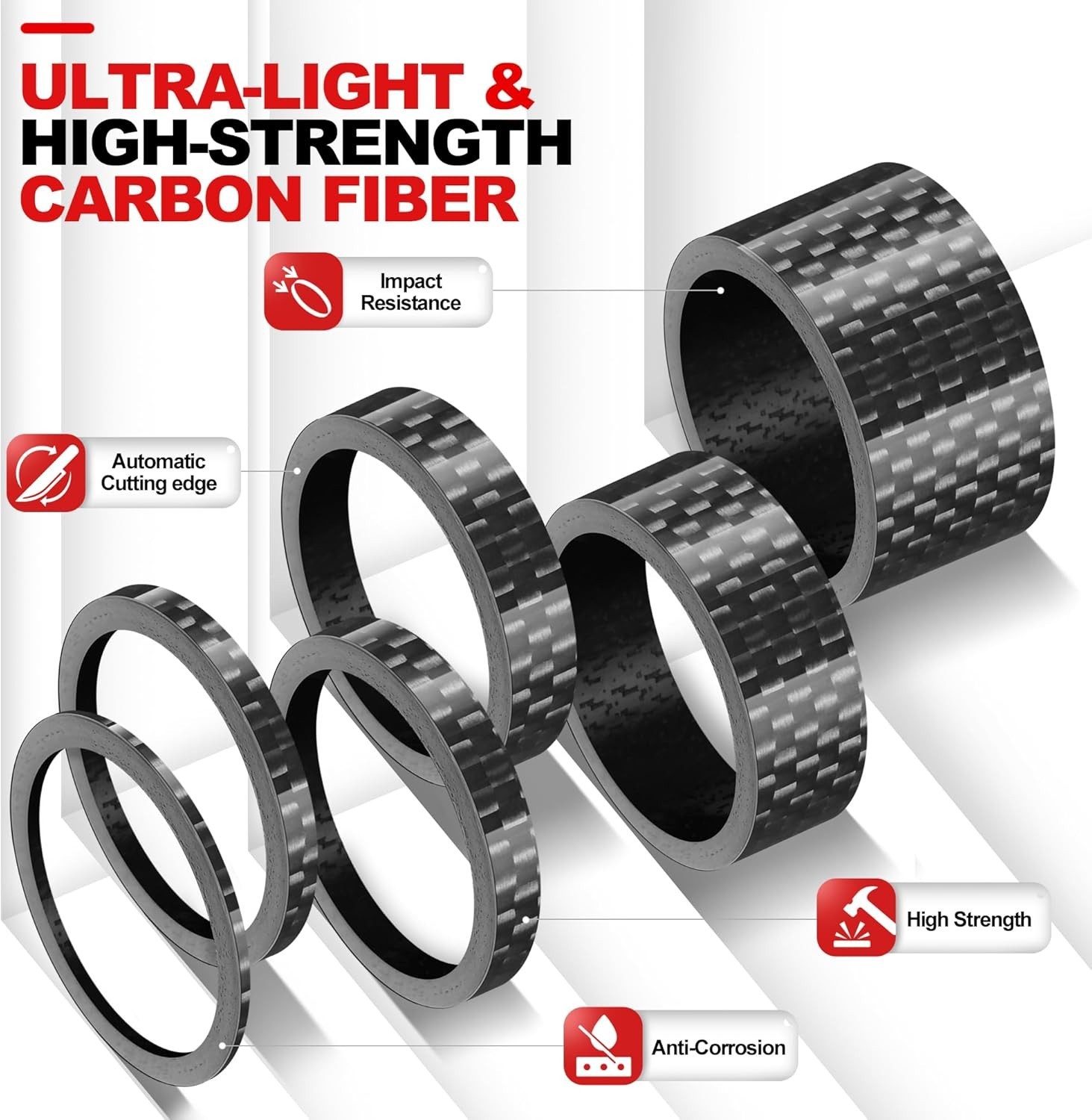 Carbon Fiber Bike Headset Spacers – 12 PCS Stem Spacers for 1 1/8″ Tubes