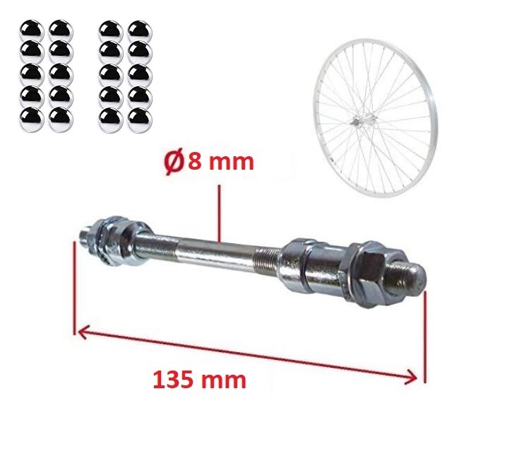 BIKE FRONT AXLE 8 x 135 mm AND 20x BALLS 3/16″ BICYCLE WHEEL MOUNTAIN HUB