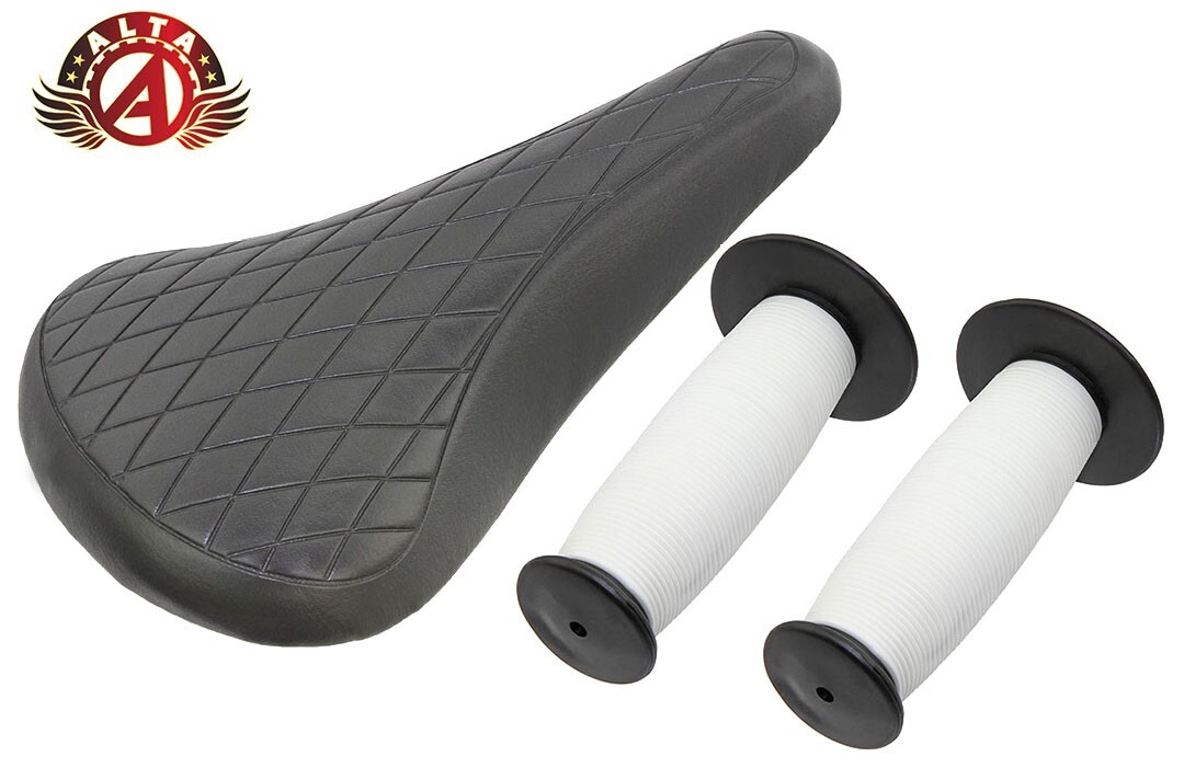 ALTA Black Diamond Saddle & White/Black Ends Mushroom Grips BMX BIKE.