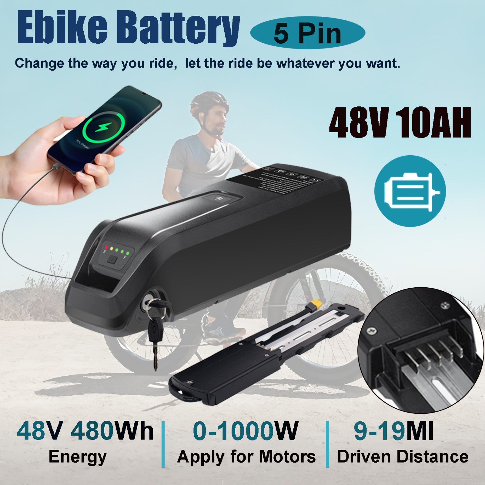 48V 1000W Lithium Ebike Battery 48V 10Ah Electric Bike Battery with Charger New