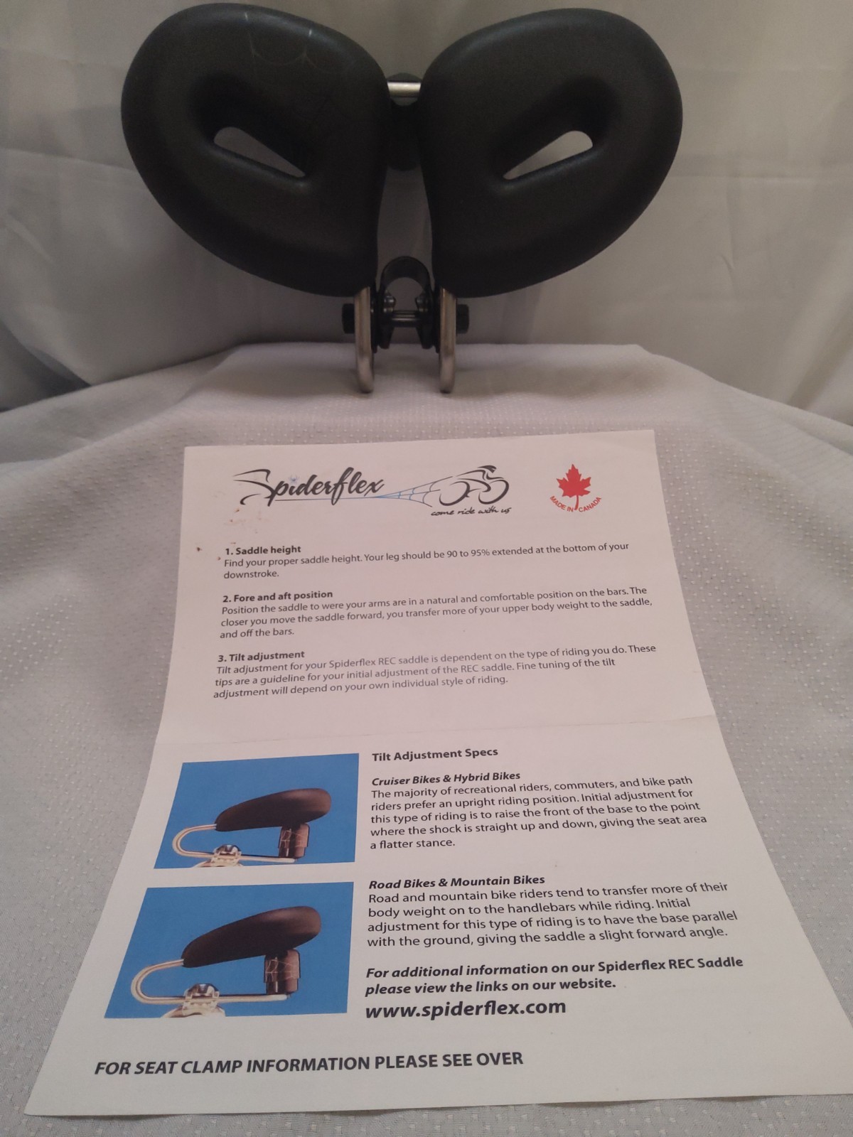 Bicycle Seat, Pain-free riding! Mfg by Spyderflex. Noseless, Hornless Style)
