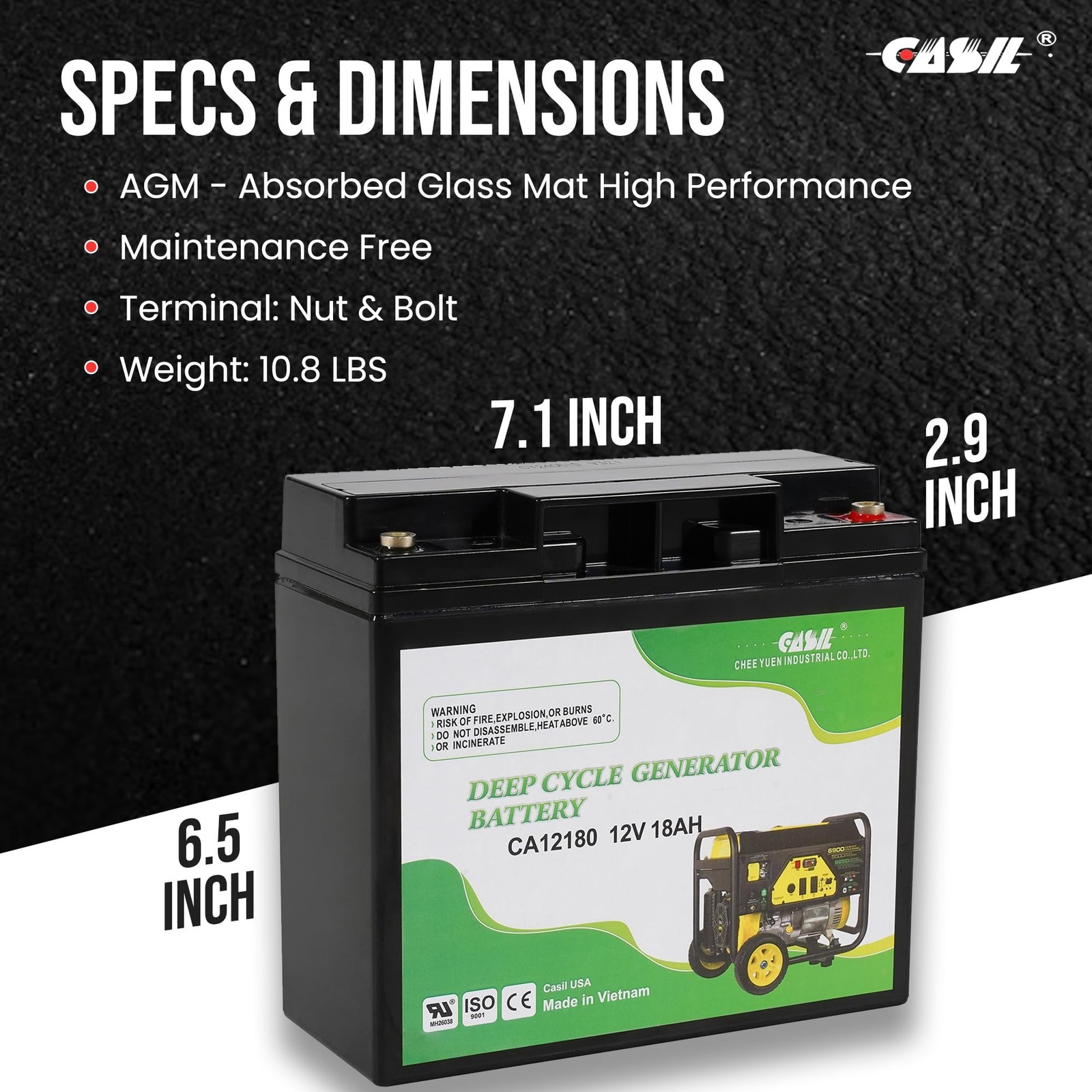Casil 12V 18Ah Deep Cycle Generator Battery – Reliable Replacement for Cha