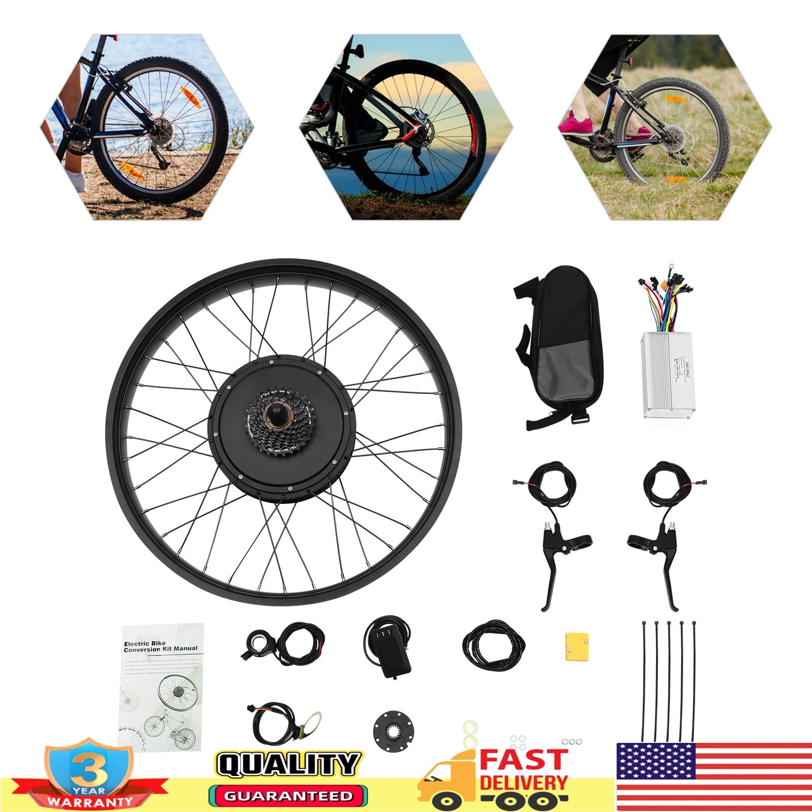 26″ Fat Tire Electric Bicycle Motor E-Bike Rear Wheel LCD Conversion Kit 48V 1KW