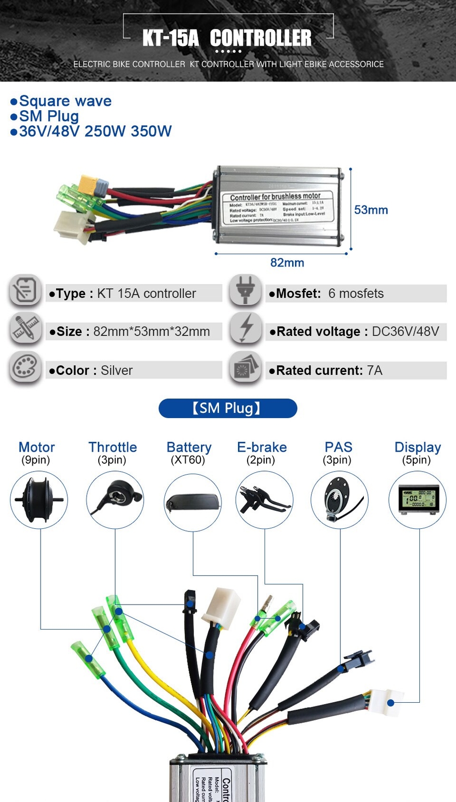 Electric Bike Controller 24V 36V 48V 250W-1500W Squarewave Controller