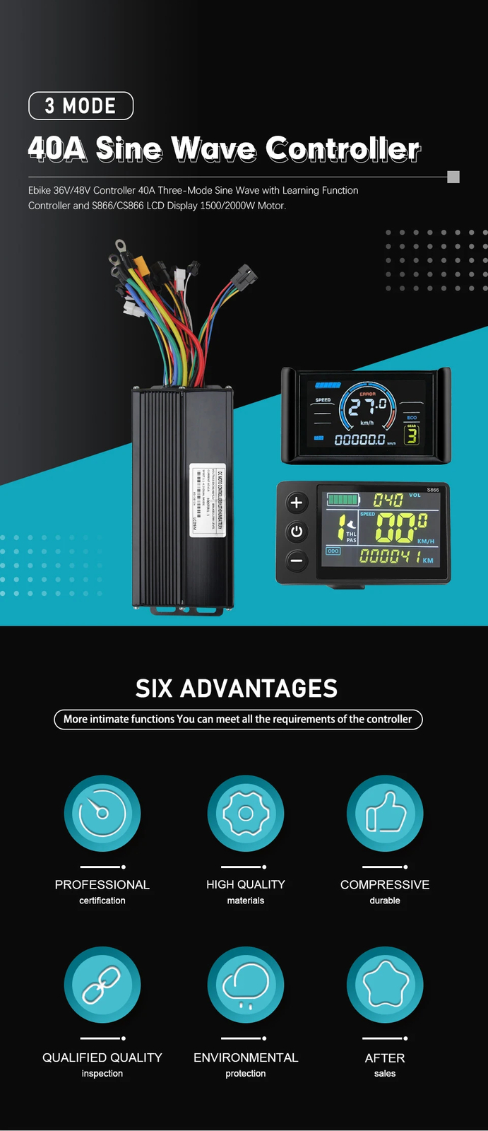 E-bike 36V/48V 40A Three-Mode Sine Wave Controller with LCD Display Motor Kit