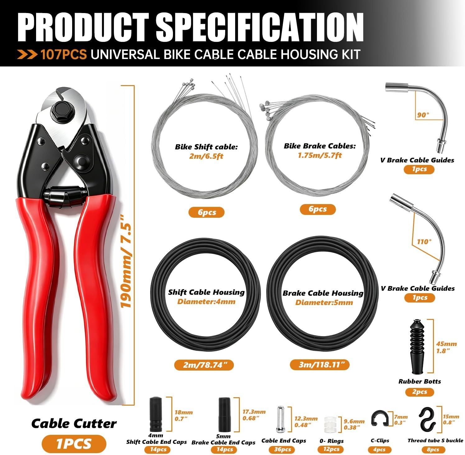107PCS Universal Bike Cable Cutter Stainless Steel Brake Shifter Cable End Caps