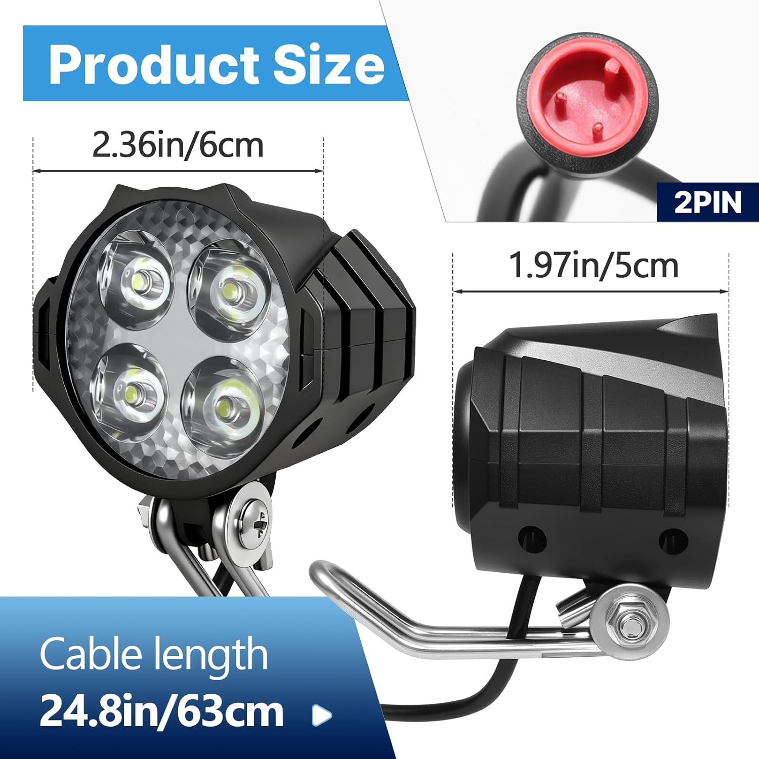 Ebike Headlight 2 Pin, Ebike Front Light for 36V 48V Battery Systems, Waterproof