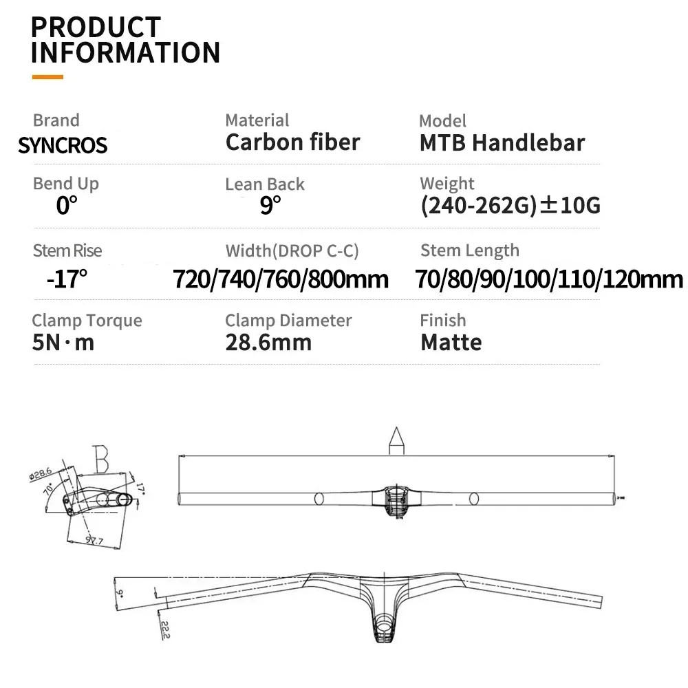 Carbon Mountain Bicycle Integrated Handlebar with Stem -17 degree 70mm-110mm