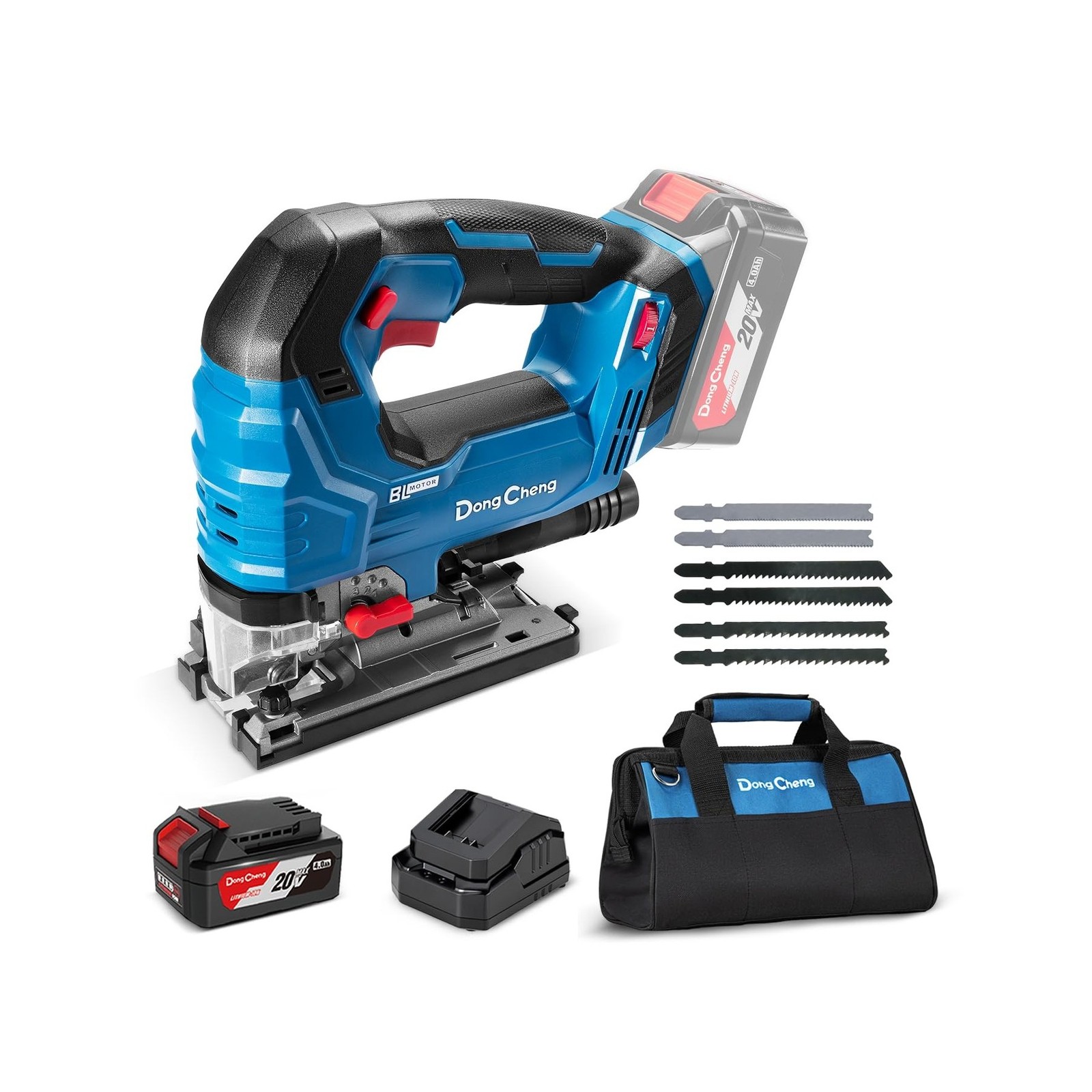 Dong Cheng 20V Brushless Jigsaw, 26mm Stroke, 800-3500 SPM, 0-45° Bevel, 6-