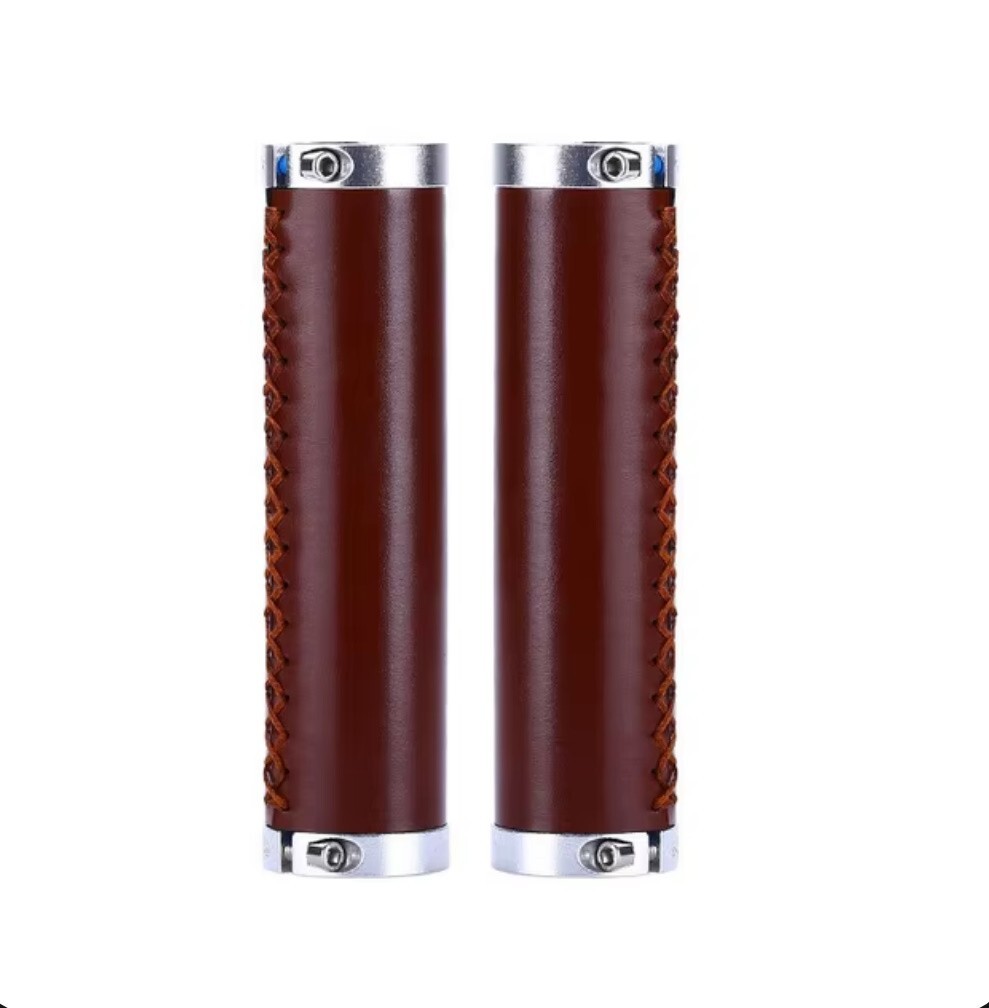 Retro PU Leather Bike Grips, Hand-Sewn, Shock-Absorbing, Universal Fit