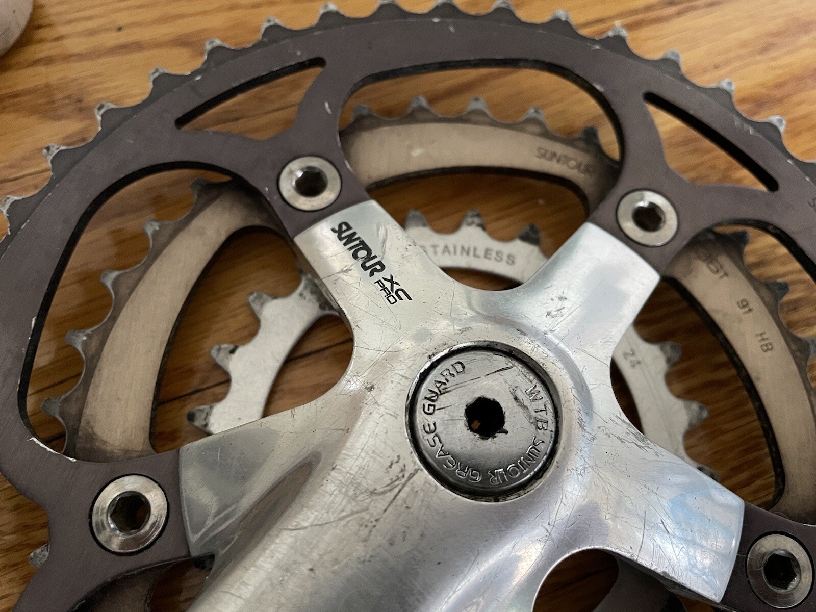 Suntour XC Pro Vintage MTB 175mm Crankset, 46-36-24, WTB Grease Guard Dust Caps