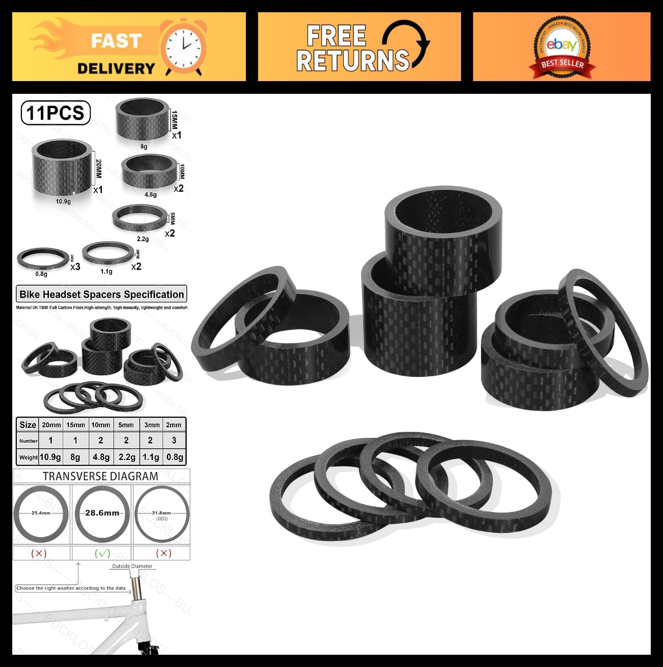 11PCS Headset Spacer Set for Mountain & Road Bikes – Aluminum & Carbon Fiber Was