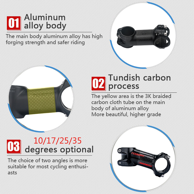TOSEEK Bicycle Carbon Stem 10/17/25/35 Degree Road Cycling Handlebar Accessory