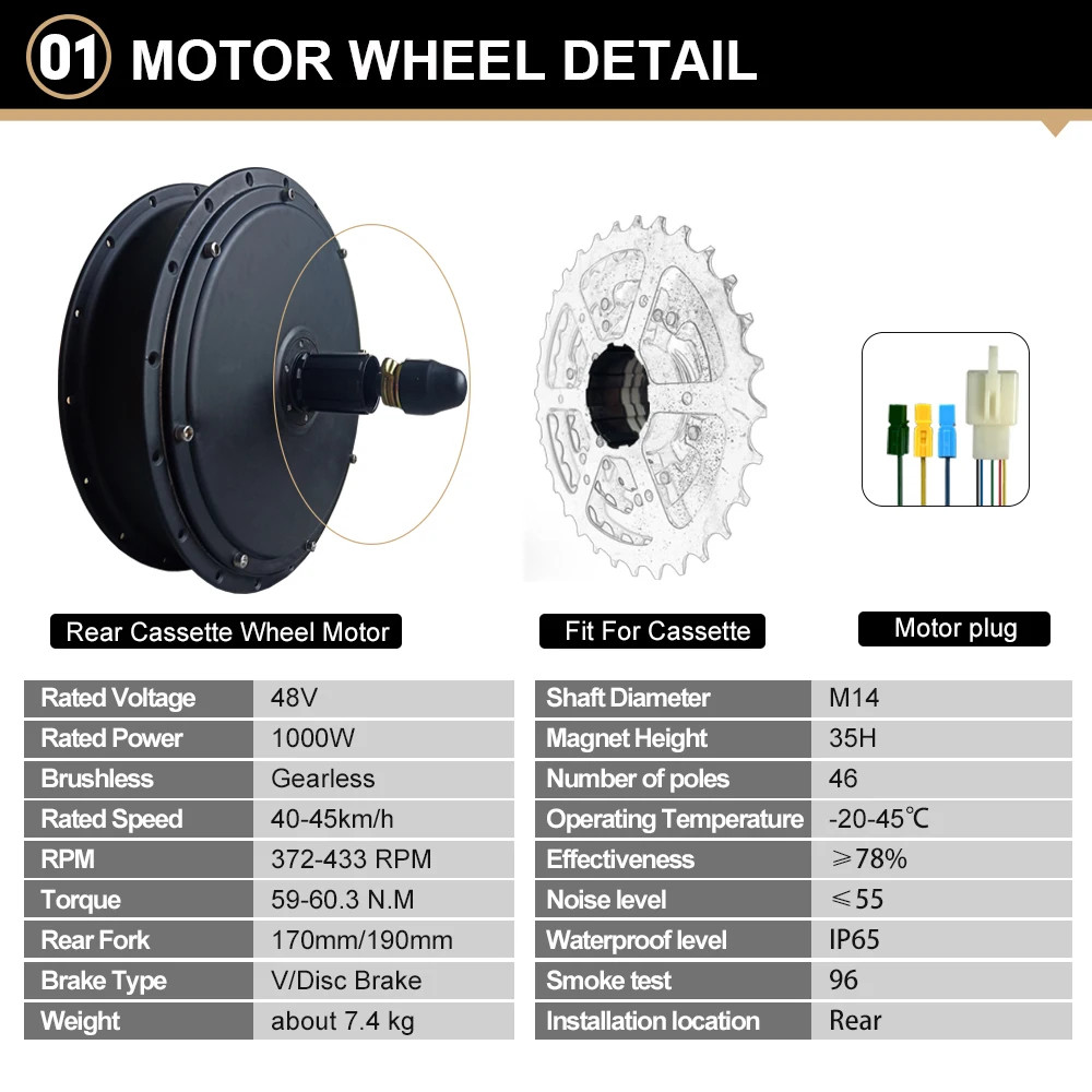 Electric Bicycle Conversion Kit 48V 1000W Rear Cassette 20/24/26er*4.0″