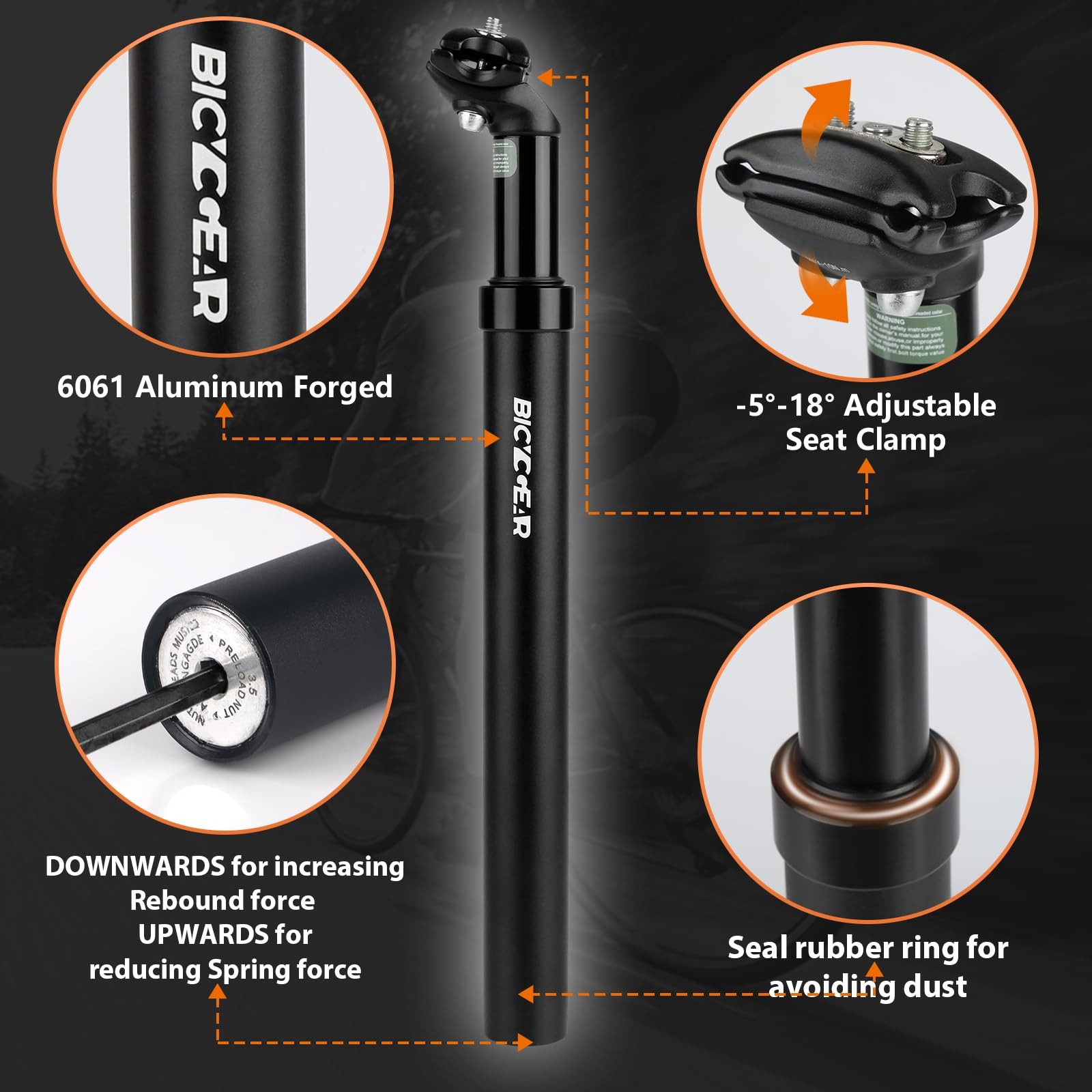 BICYCGEAR Suspension Seatpost 27.2 30.4 30.9 31.6 Bike BLACK-30.4MM, Black