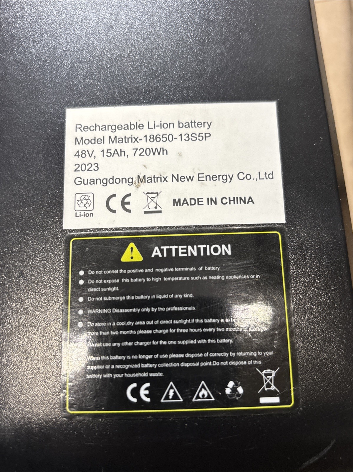 Hitway Electric Bike Rechargeable Li-Ion Battery Matrix-18650-13S5P OEM 48V 15Ah