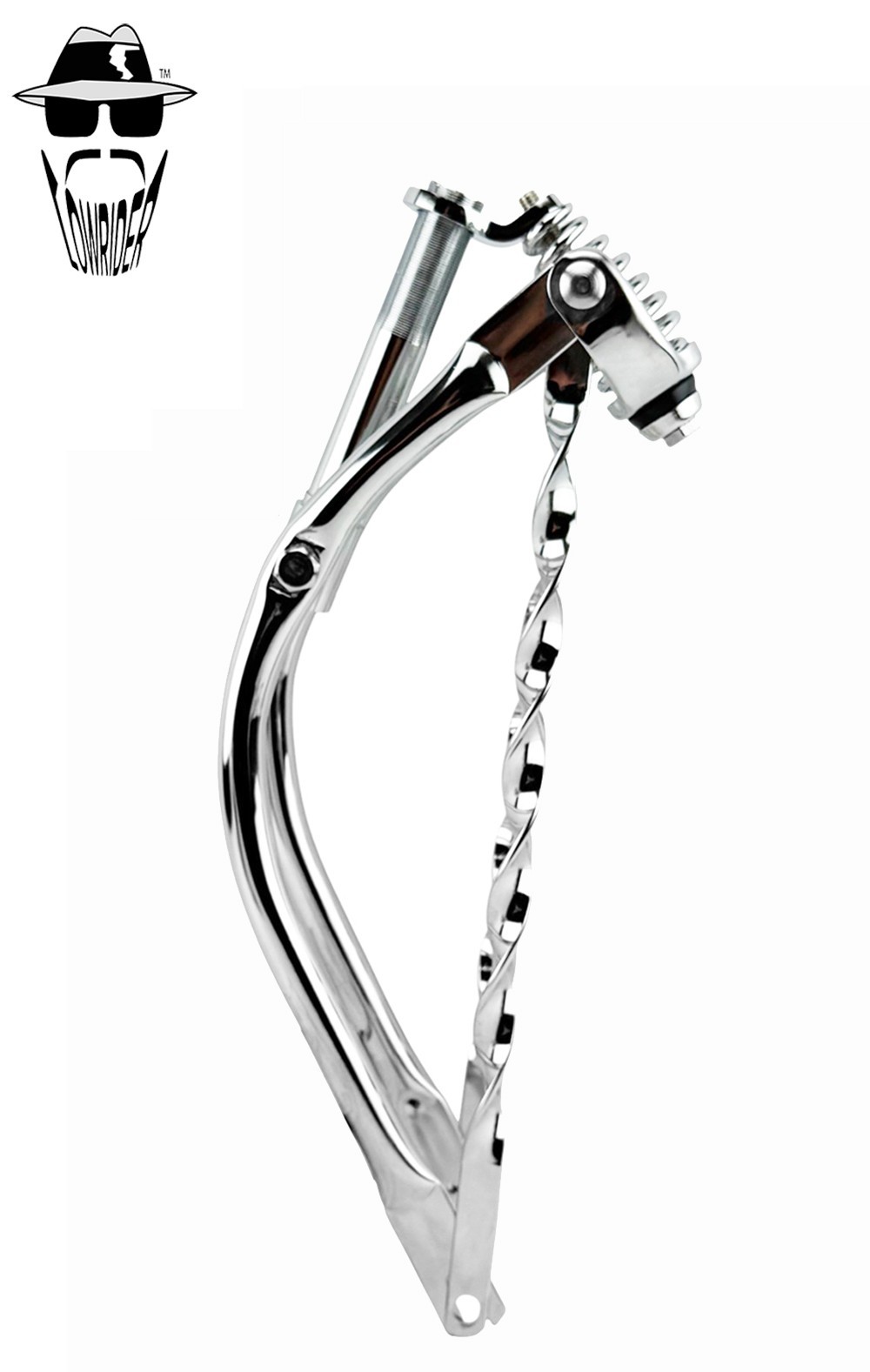 VINTAGE LOWRIDER 20″ BENT STEEL SPRING FORK 1 INCH W/TWISTED BARS IN CHROME