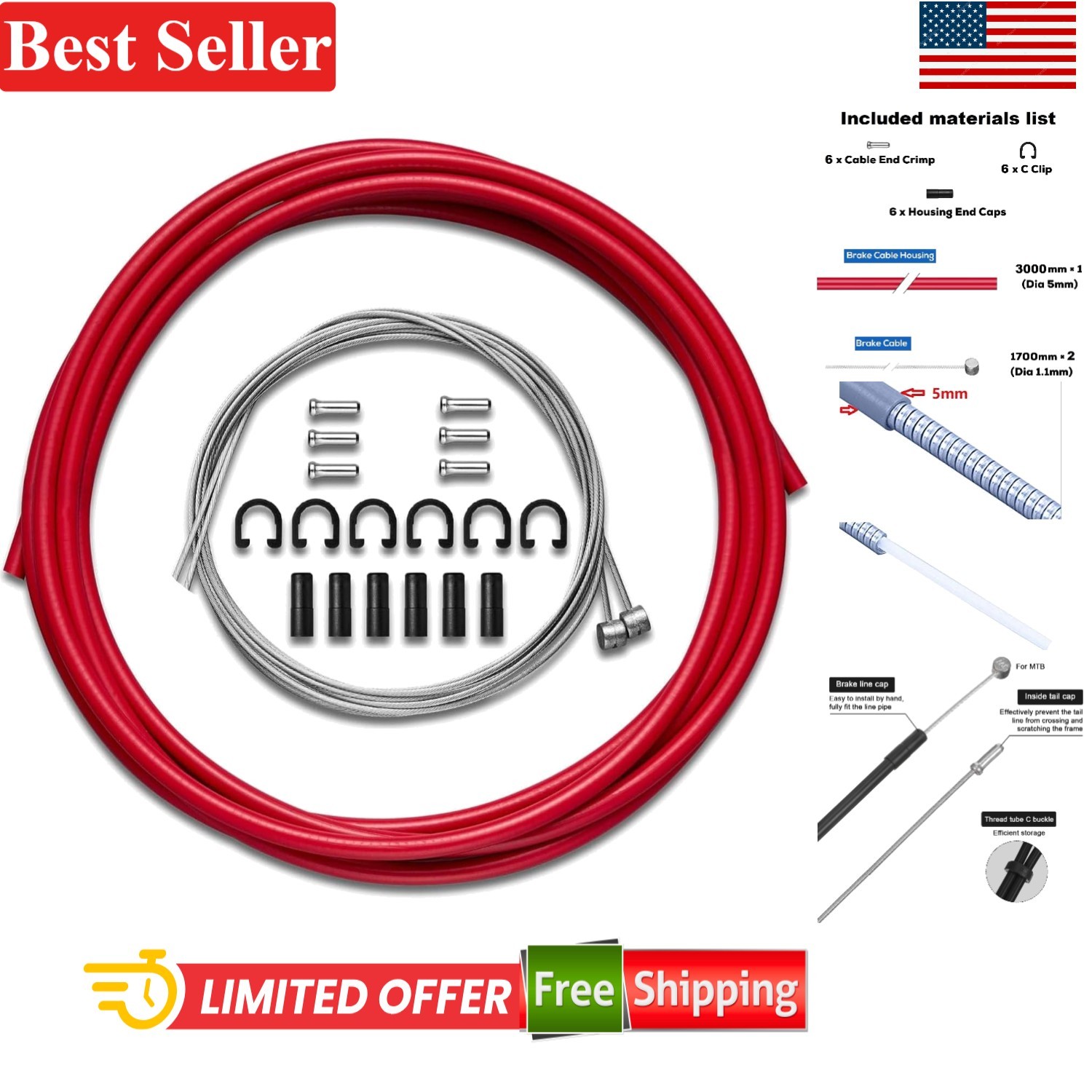 Complete Brake Cable Set with 9.8ft Red Housing – Durable and Reliable