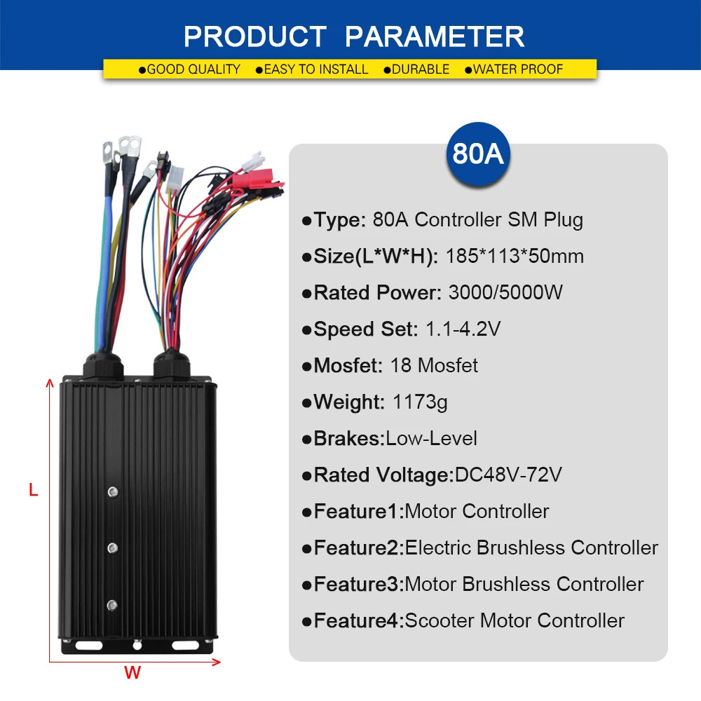E-bike Sine Wave Controller 48V 72V 80A with LCD Color Display 5000W Motor Kit
