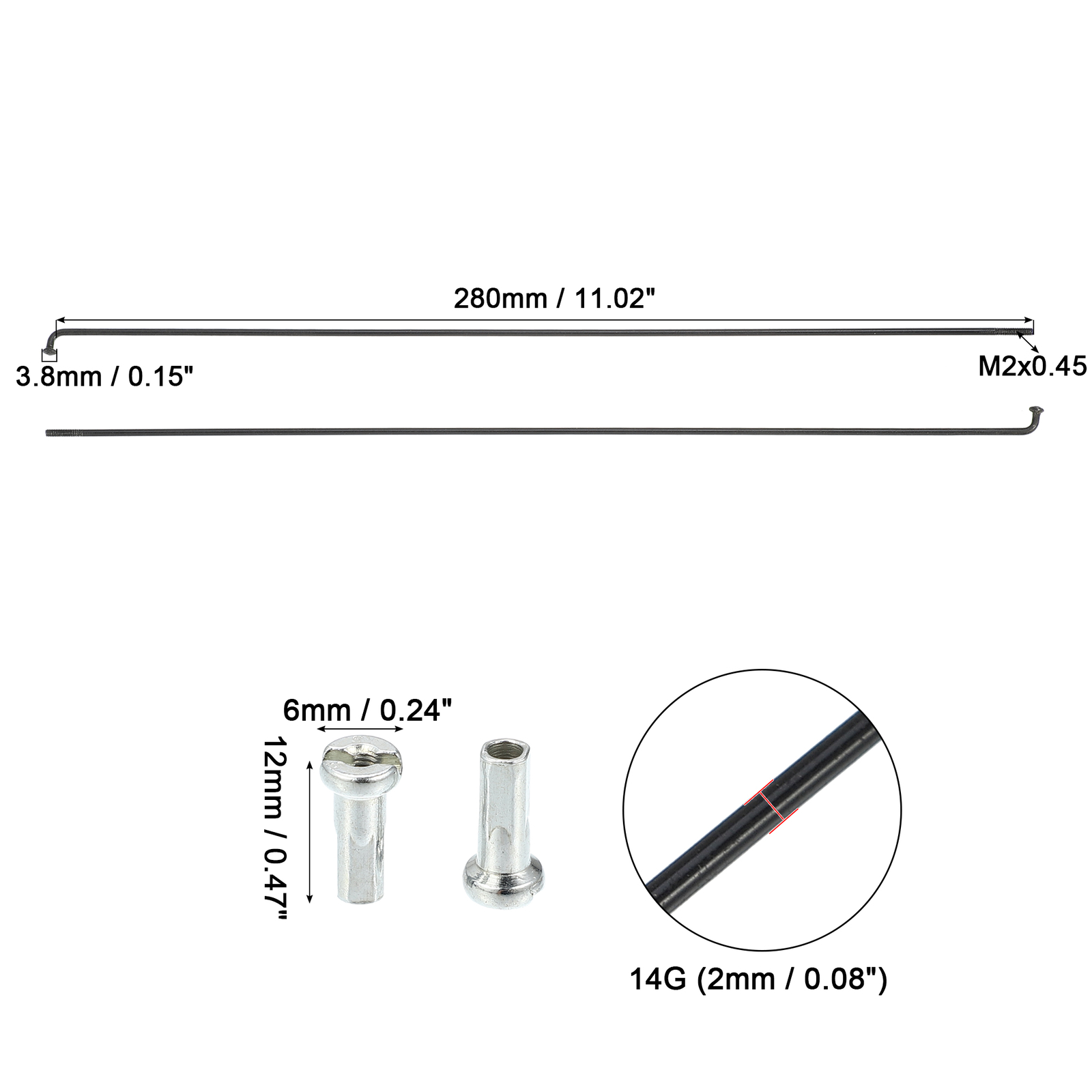 14G J Bend 280mm x 2mm Bike Bicycle Spokes with Nipples Steel Black Item of 36