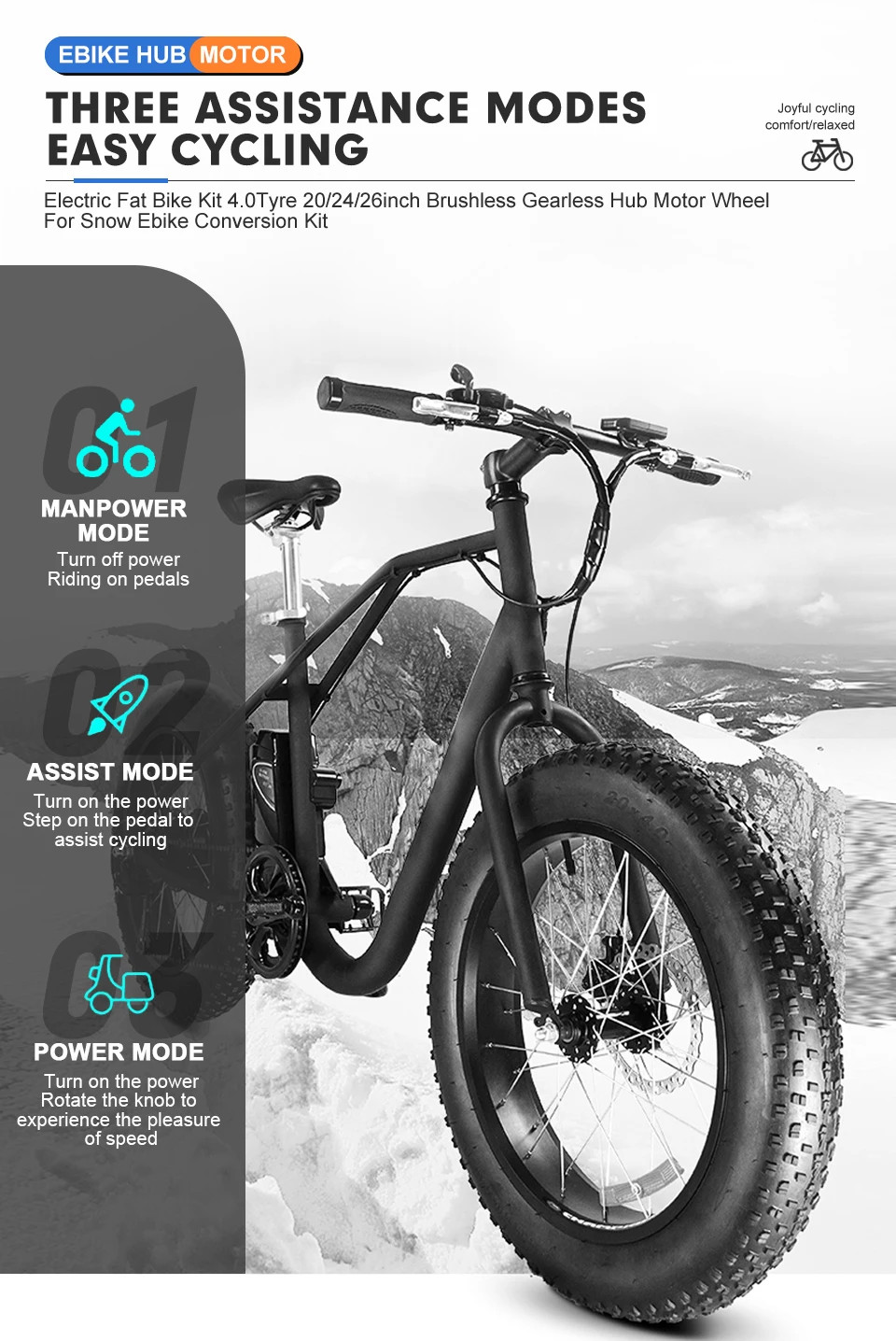 Snow Electric Bicycle Conversion Kit Front Hub Motor 48V 1000W 20 24 26inch