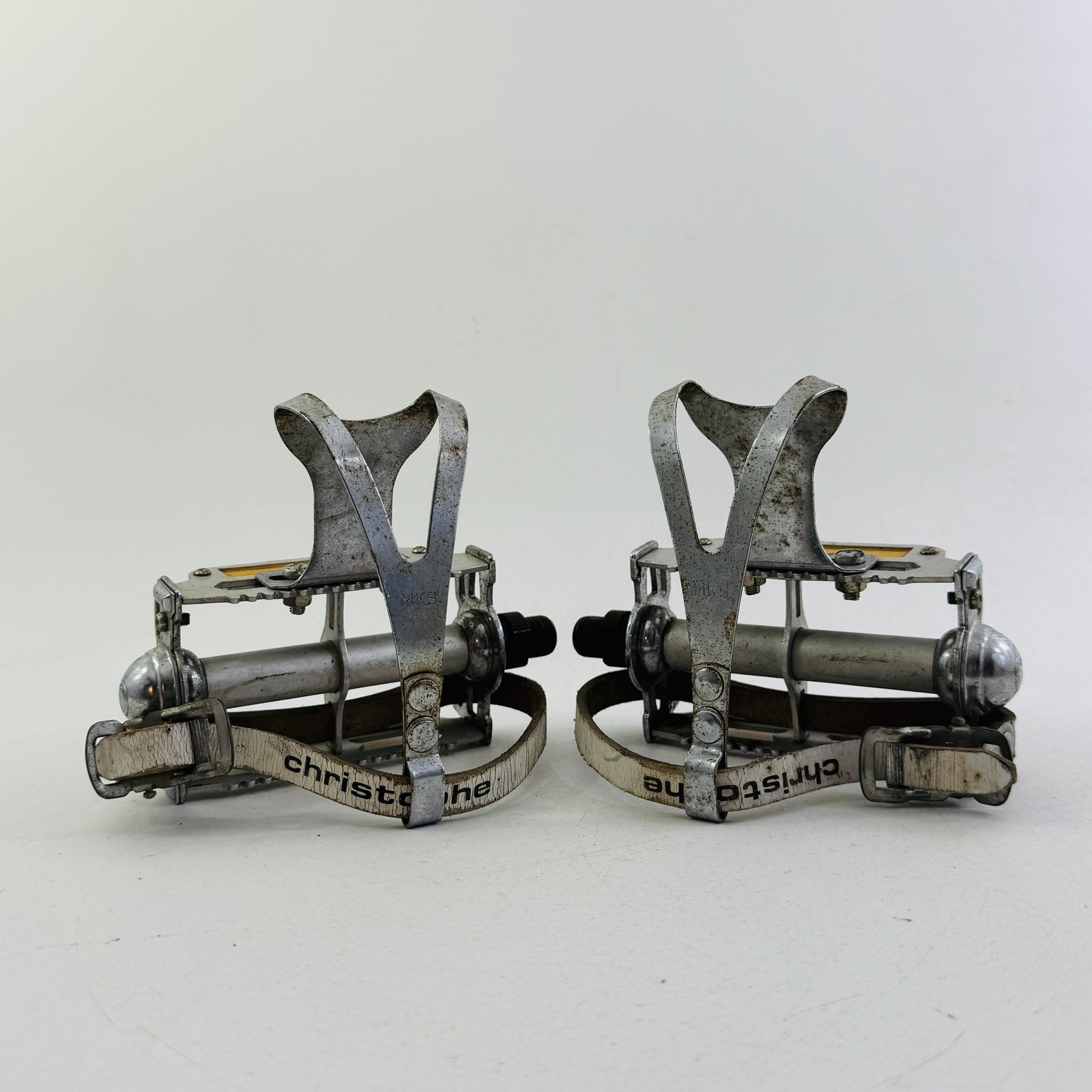 Vintage MKS K11A Platform Pedals Christophe Toe Clips Straps 9/16 In Silver A96