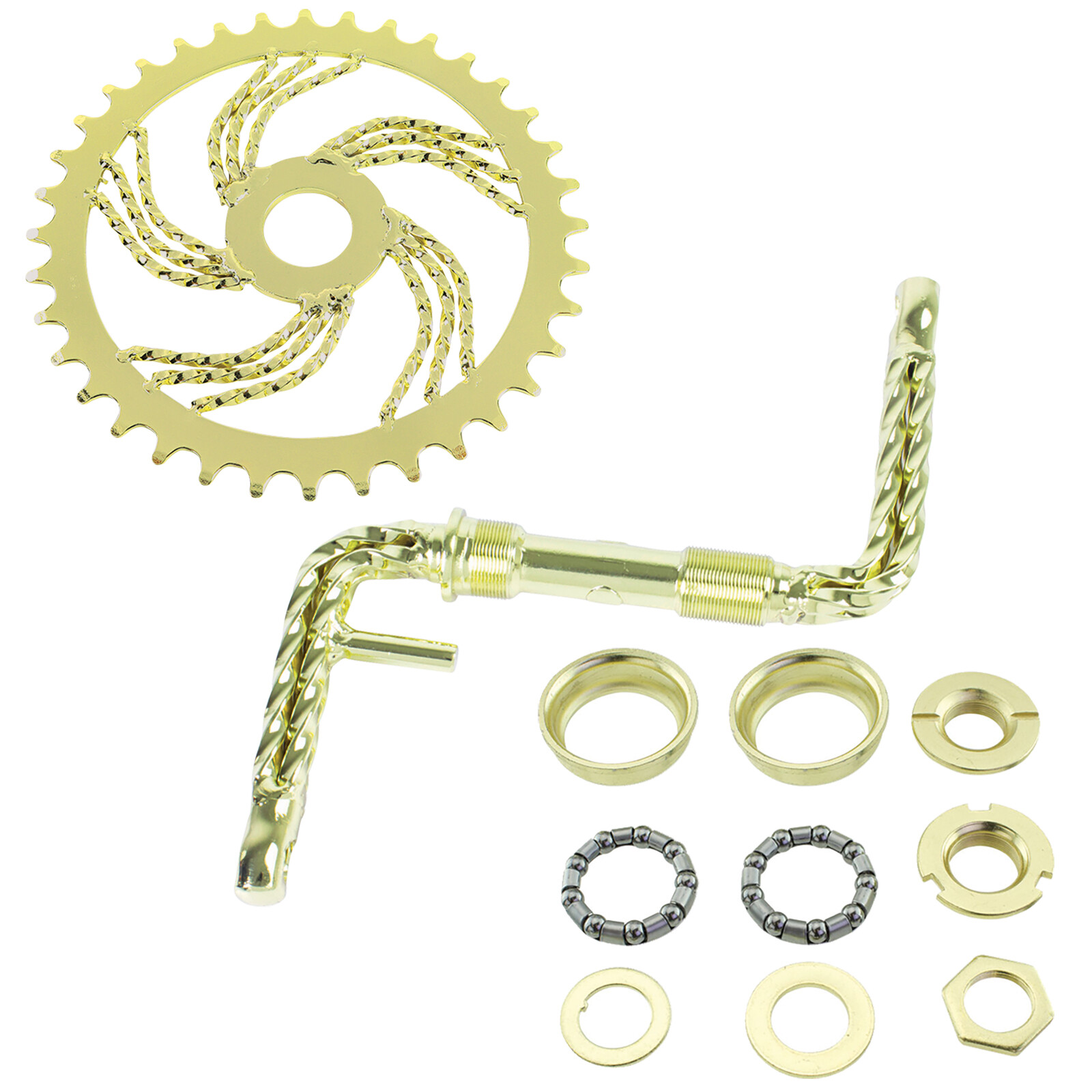 OG LOWRIDER QUADRUPLE TWISTED 1 PIECE GOLD CRANK W/TWISTED SPROCKET & B.B