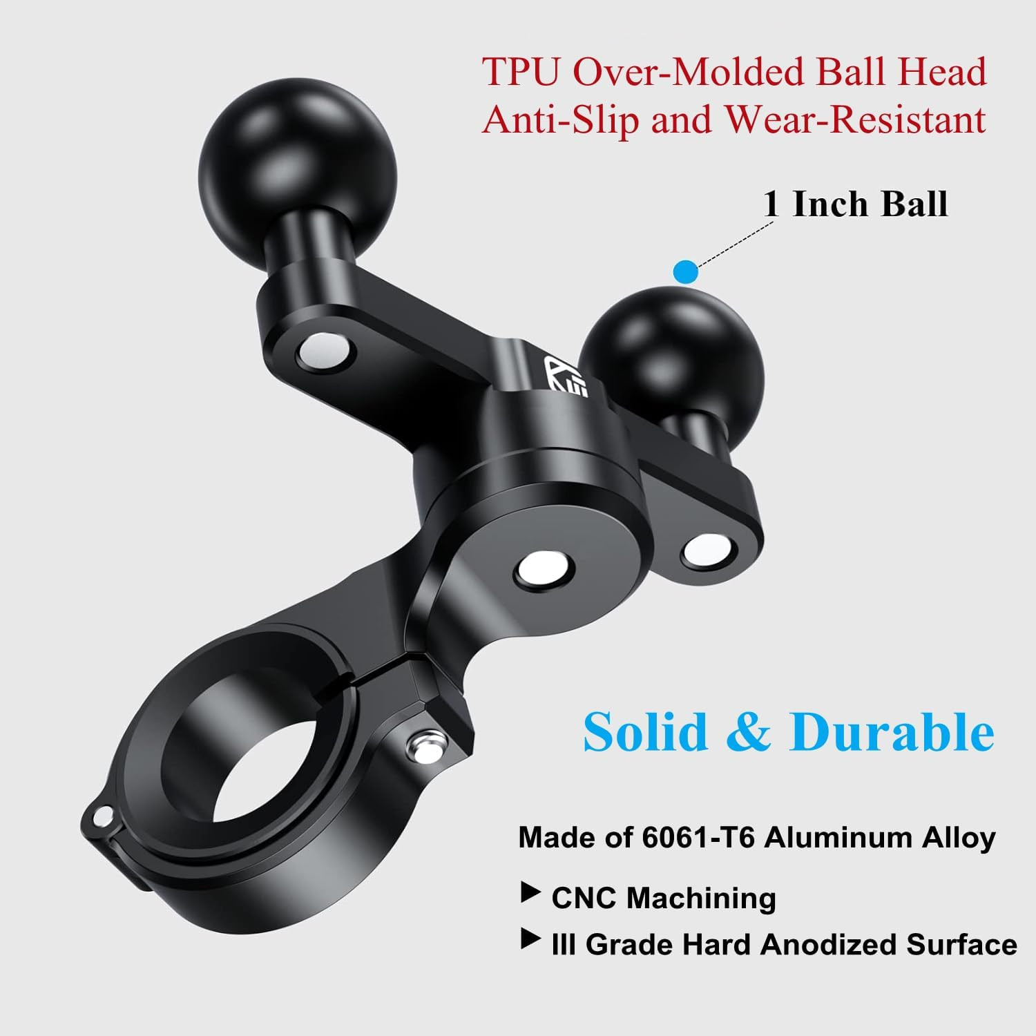 Aluminum Alloy Handlebar Clamp Mount Base with Double 1» TPU Ball |