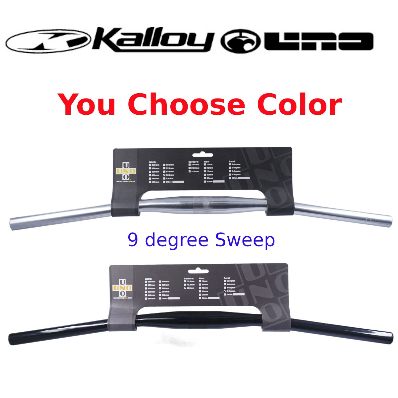 Kalloy HB-FB11L Mountain Bike Flat Handlebar 31.8 660mm 9d Sweep Silver or Black