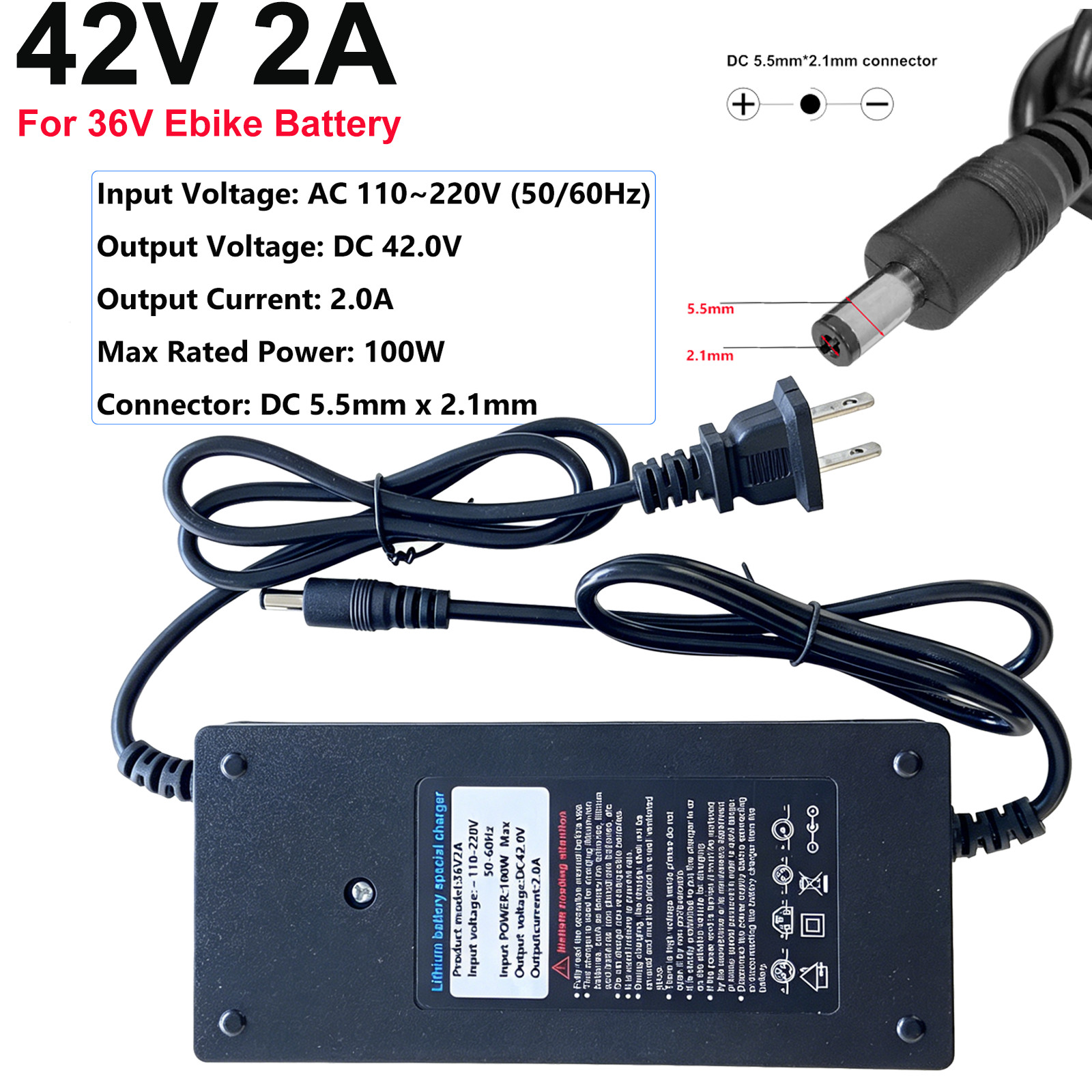 42V 2A Smart Charger for 36V Bicycle Lithium Li-ion Battery DC 5.5×2.1mm Plug