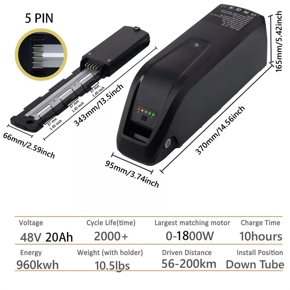 5PIN 36V/48V/52V ebike lithium battery 10Ah/15Ah/20Ah for ≤ 2000W Motors bicycle