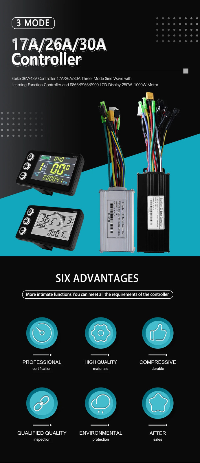 E-Bicycle 36V 48V 26A 30A Three-Mode Sine Wave Controller S866 LCD Display Motor