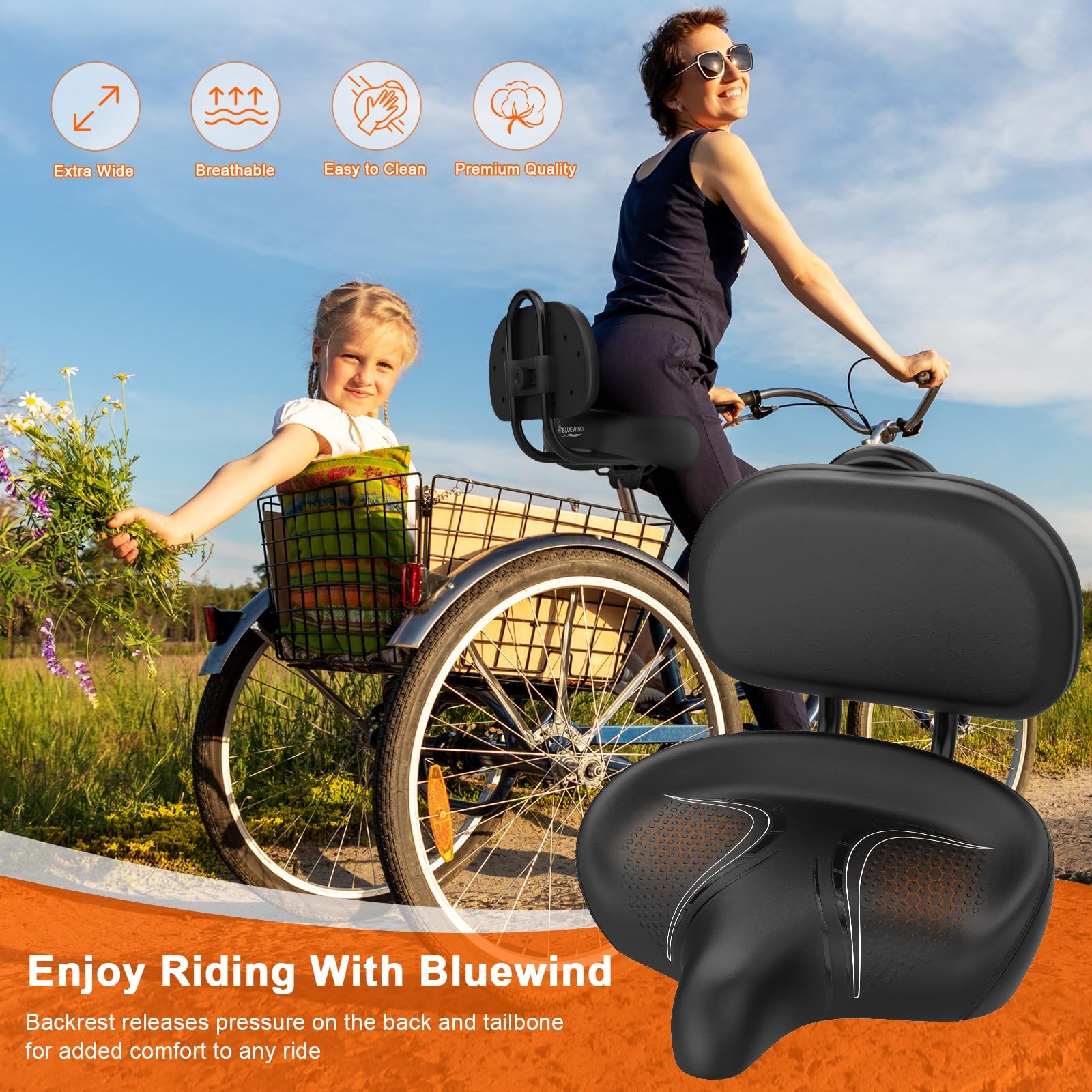 BLUEWIND Oversized Bike Seat with Backrest, Design for Electric Bike, High Me…