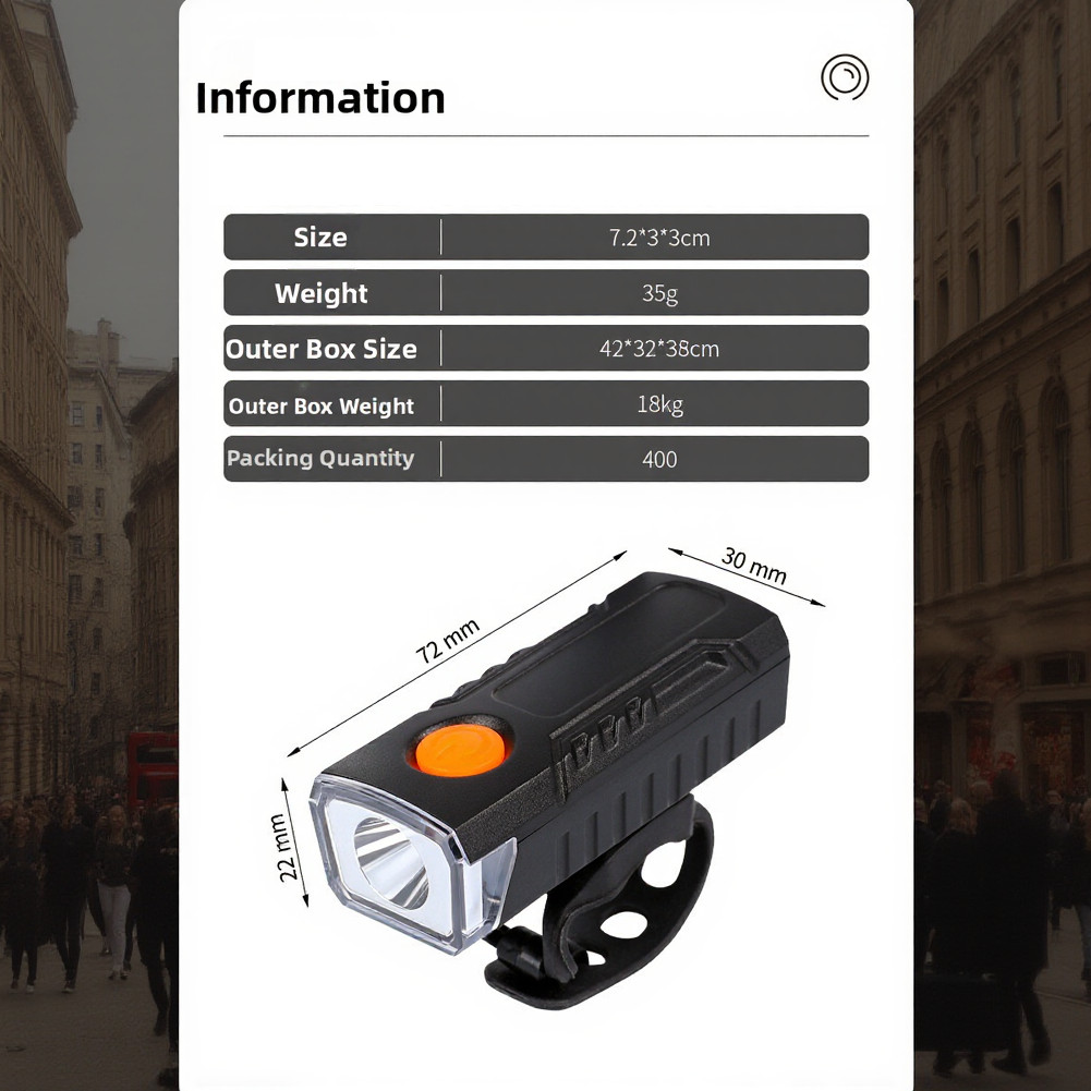 Bicycle Front Light 1200 Lumen Bright LED for Night Riding 7.2x3x3cm Plastic