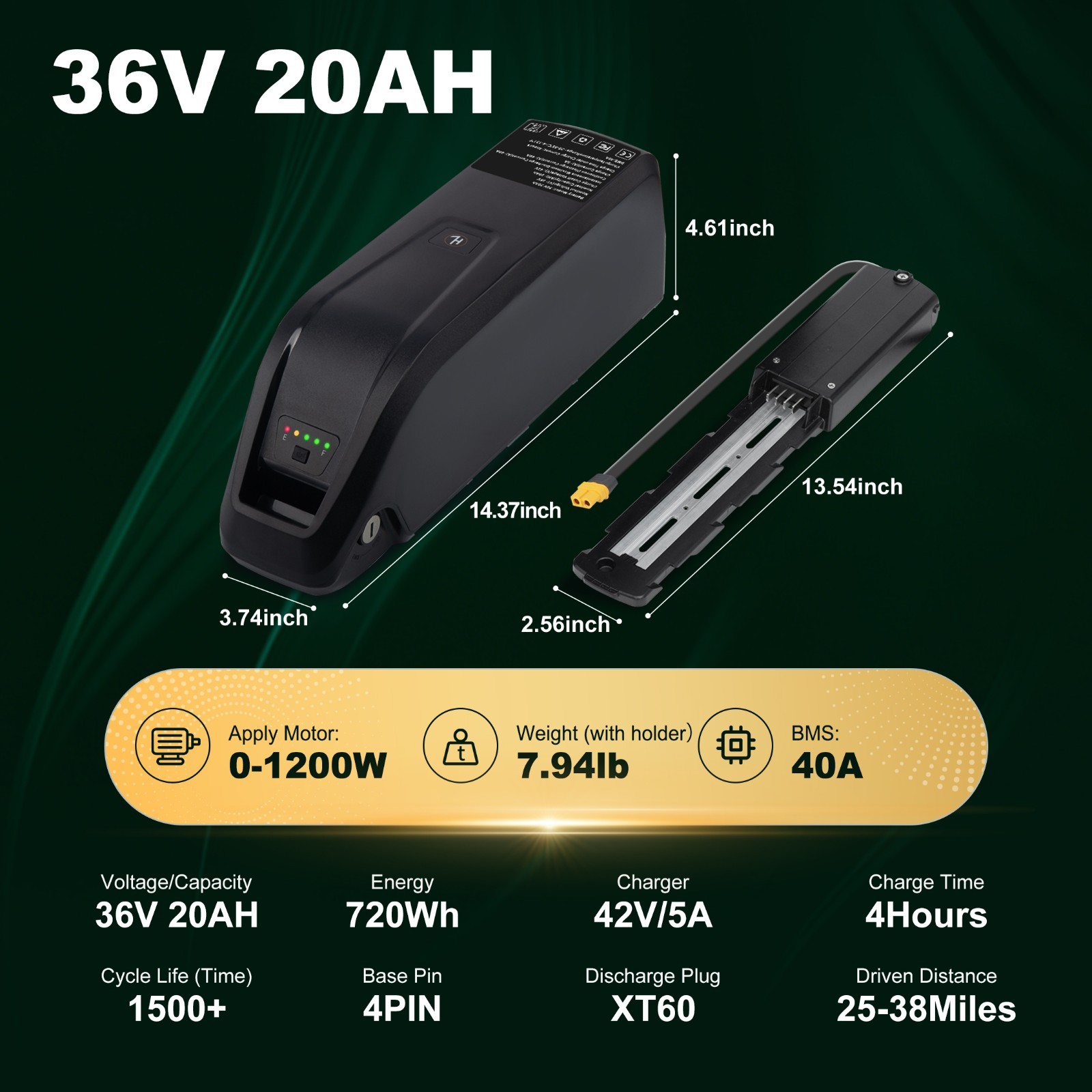 4PIN 36V 20AH/15AH/10AH eBike Lithium Battery For Electric Bike 0-1200W Motors