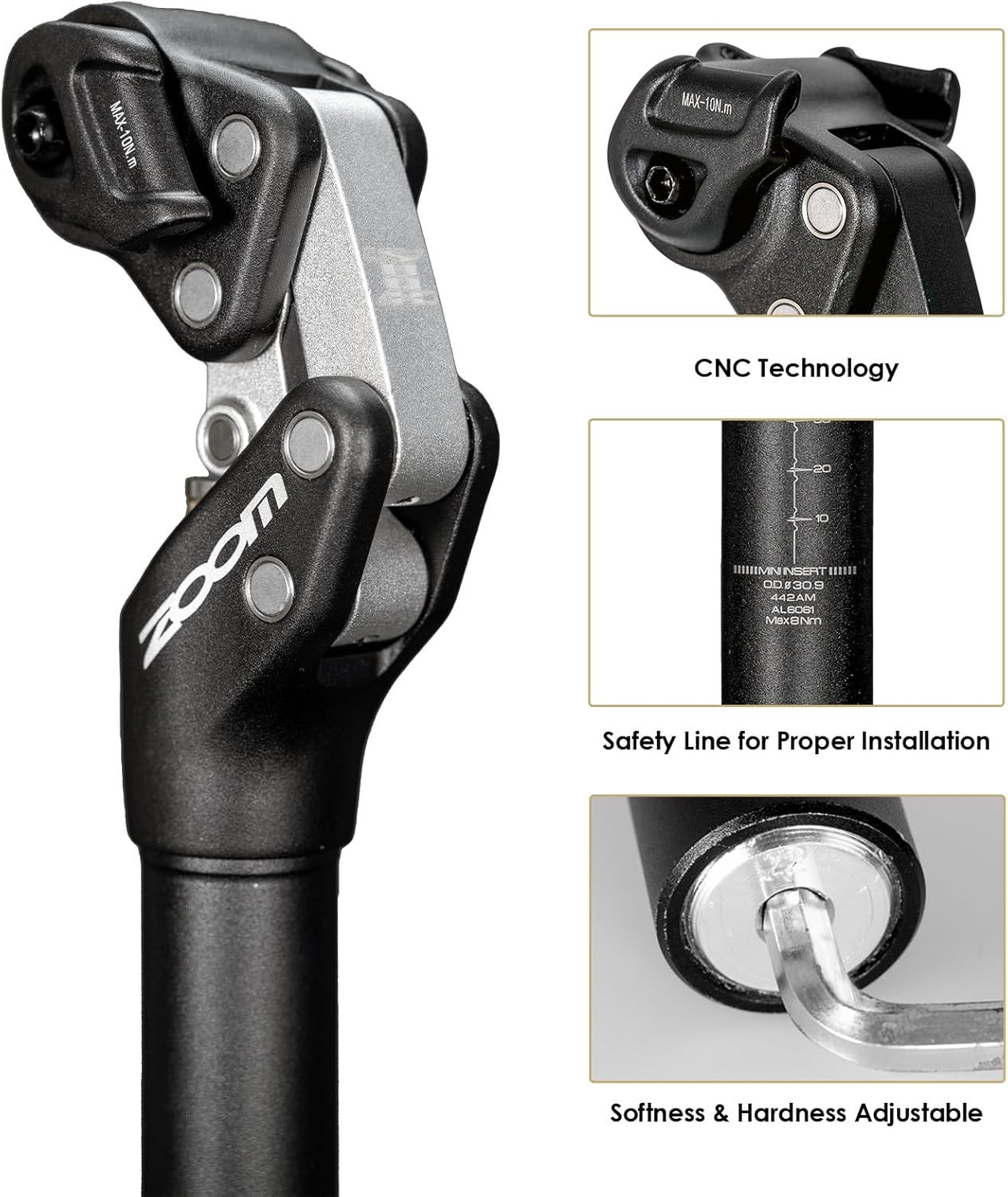Zoom SP442 Adjustable Bike Suspension Seatpost for Heavy Riders, 27.2/30.9/31.6m