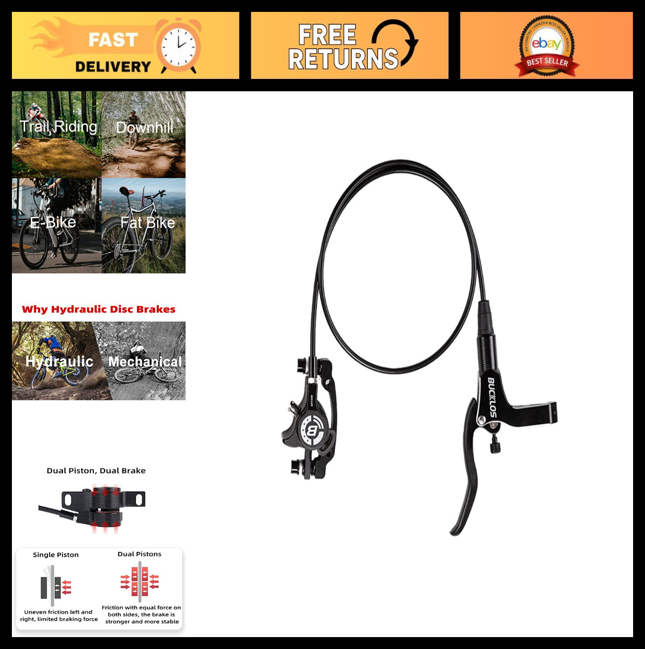 Hydraulic Disc Brake Set for Mountain Bikes – 800mm Front, 1500mm Rear, Aluminum