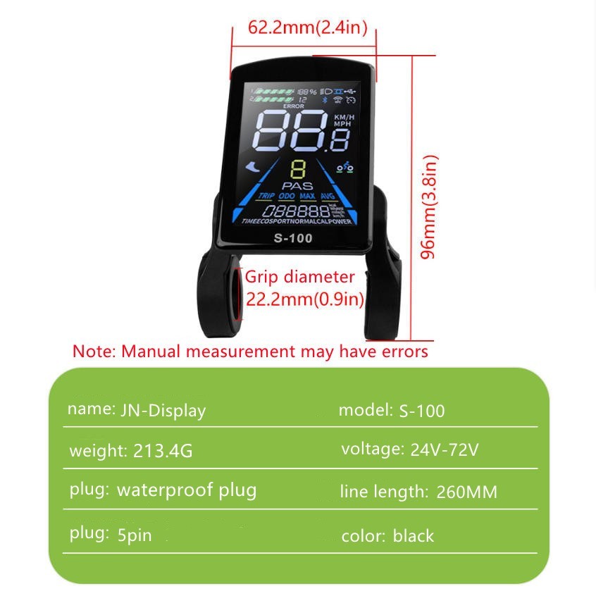 E-Bike Compatible S-100 Smart LCD Color Screen with light wire 5PIN SM plug.