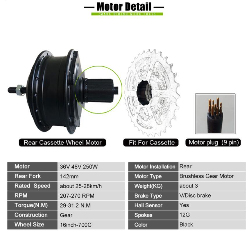 36V 48V 250W Ebike Rear Cassette Drive Hub Motor Wheel Waterproof Conversion Kit