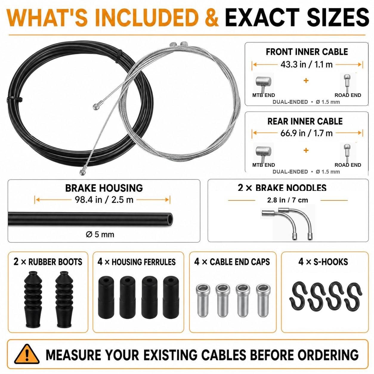 Bike Brake Cable Kit, Dual-Ended Bicy cle Cables with 2.5 0.06″W, black