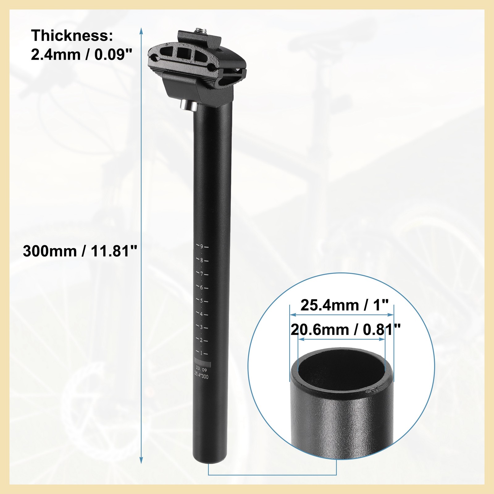 25.4x300mm Bike Seat Post Aluminum Alloy Bicycle Bike Seat Tube Mount Black New
