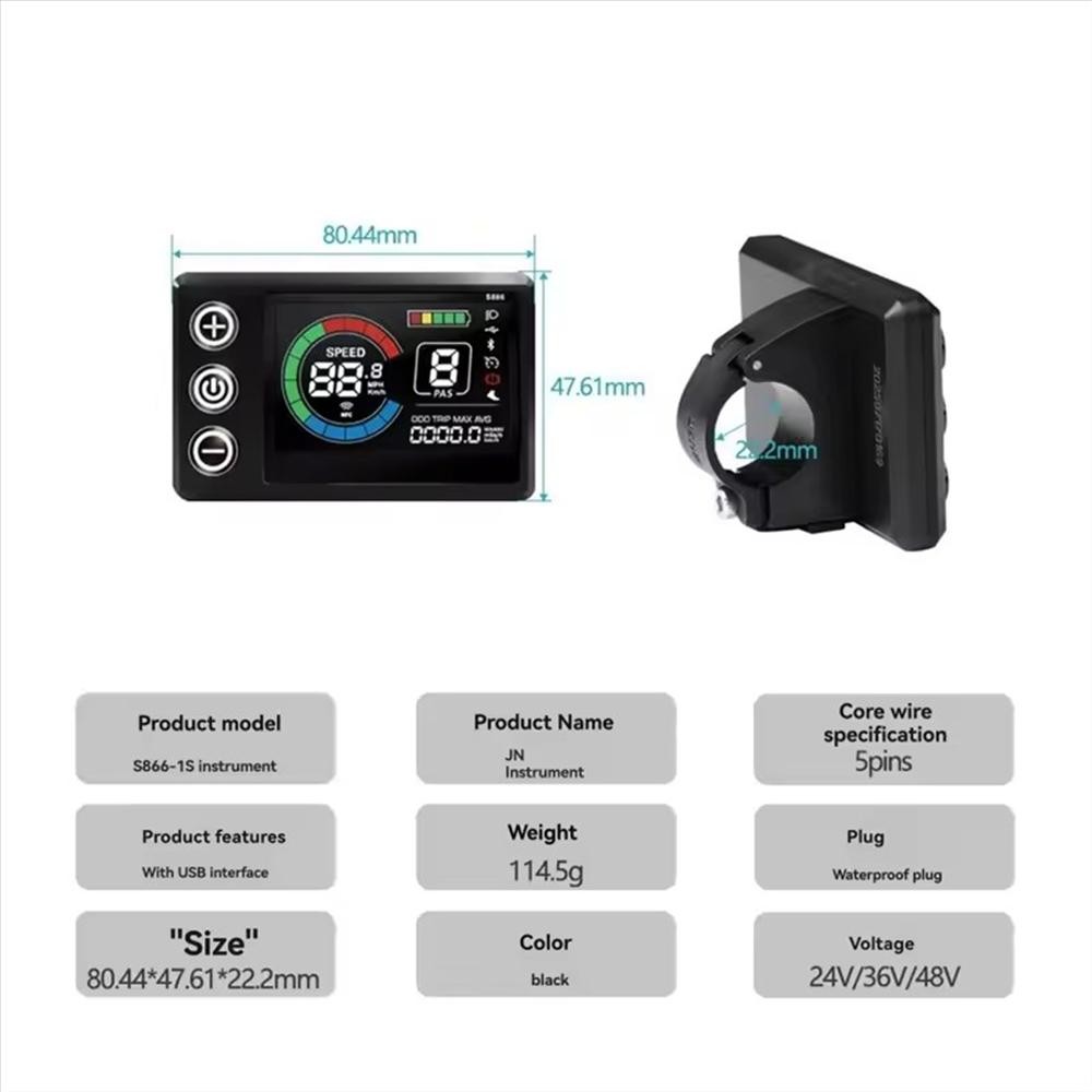 24V-60V E-Bike S866-1S LCD Display Meter Control Panel w/USB Port 5Pin WP Plug