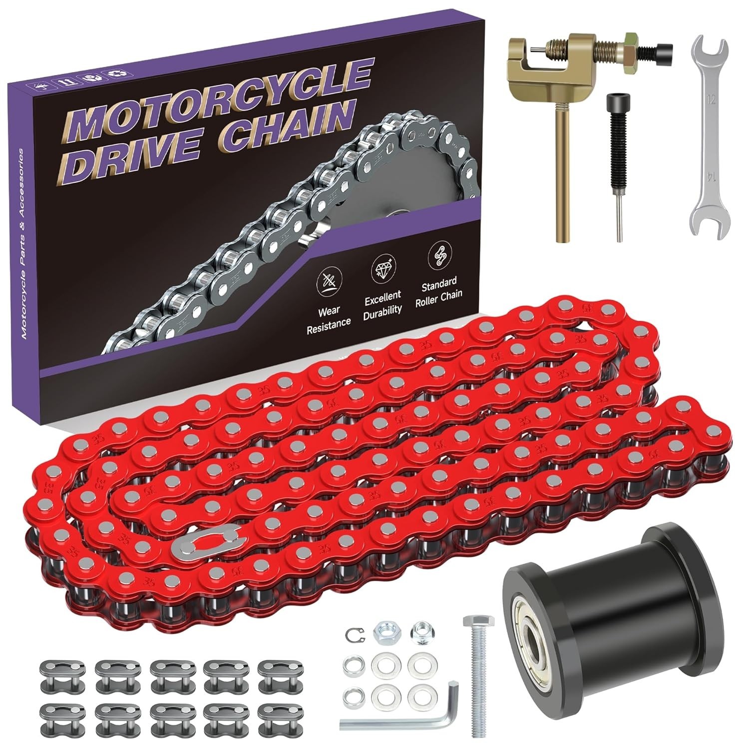 Mini Bike Chain 35 Links Alloy Steel Red Tensioner Compatible with Coleman