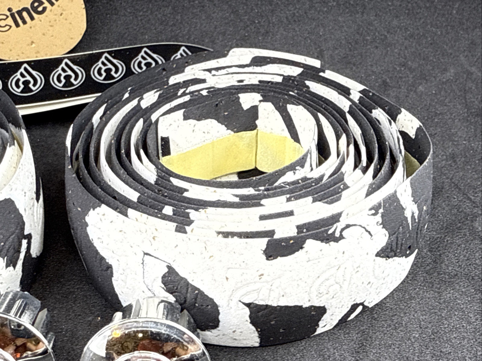 NOS VINTAGE Cinelli CORK White & Black MacroSplash Handlebar Tape Chrome Plugs