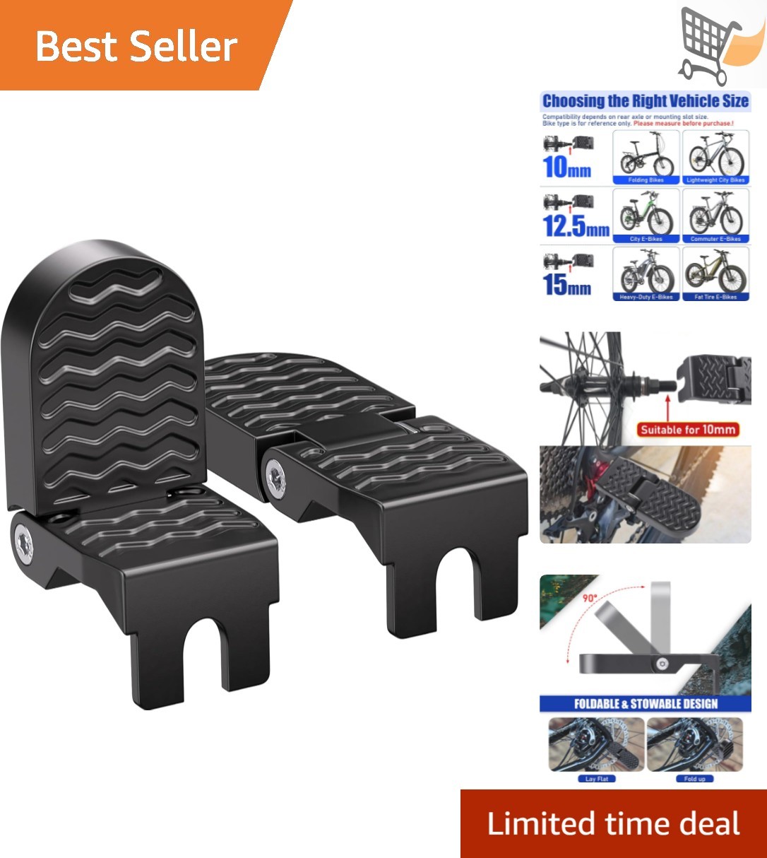 Bike Rear Pedals Aluminium Foldable Non-Slip Foot Pegs for E-Bike Mountain Bike