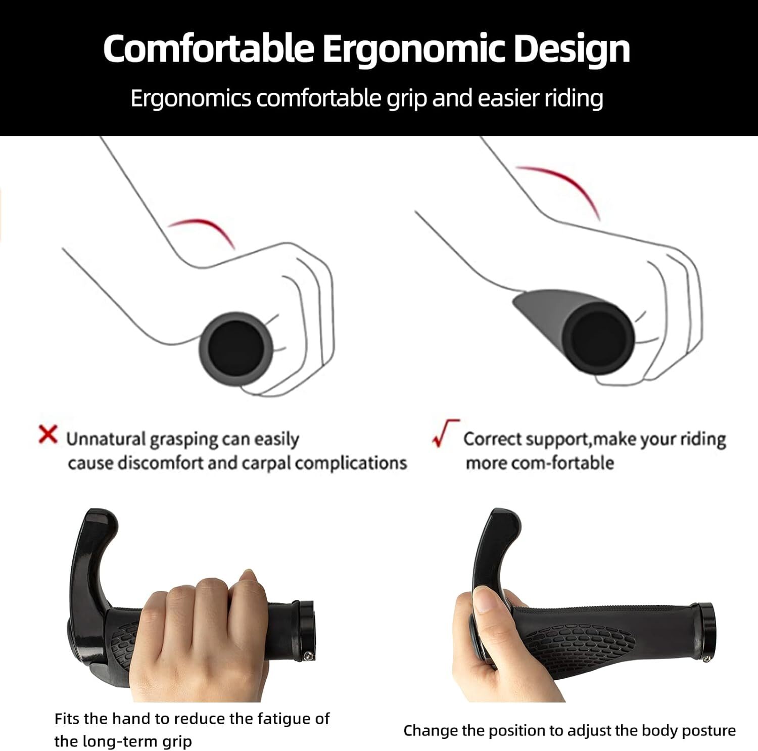 ROCKBROS Bike Handlebar Grips Rubber&Aluminum Cycling Lock-On Grips Ends Black
