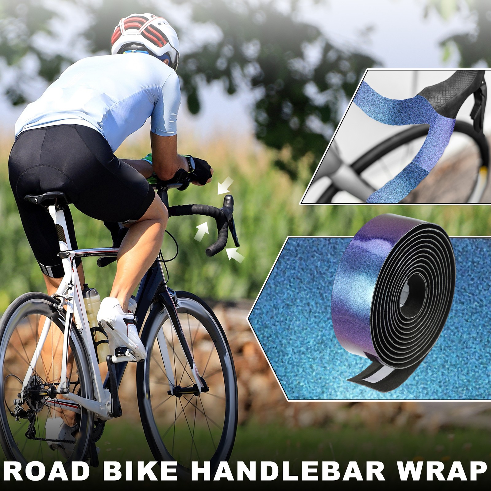 1 Pair Bike Handlebar Tapes Non-Slip with End Plugs for Road Bike Blue Purple