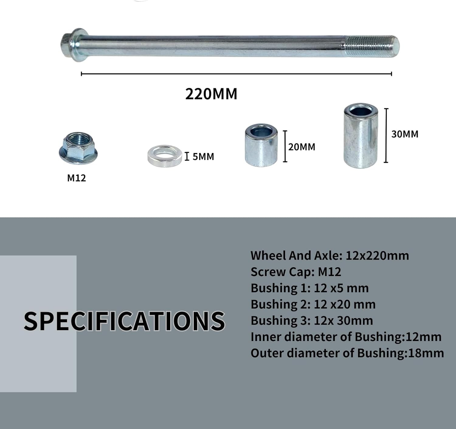 12mm 220mm Front Rear Axle with Bushing 5mm 20mm 30mm Fit for Pit Dirt Bike Mope